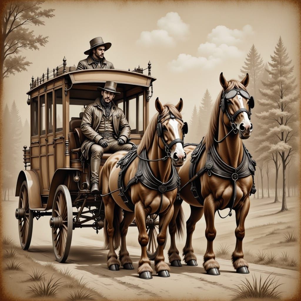  <lora:sMOre Flux:1.0> A stagecoach pulled by two large shaggy horses, Victorian era