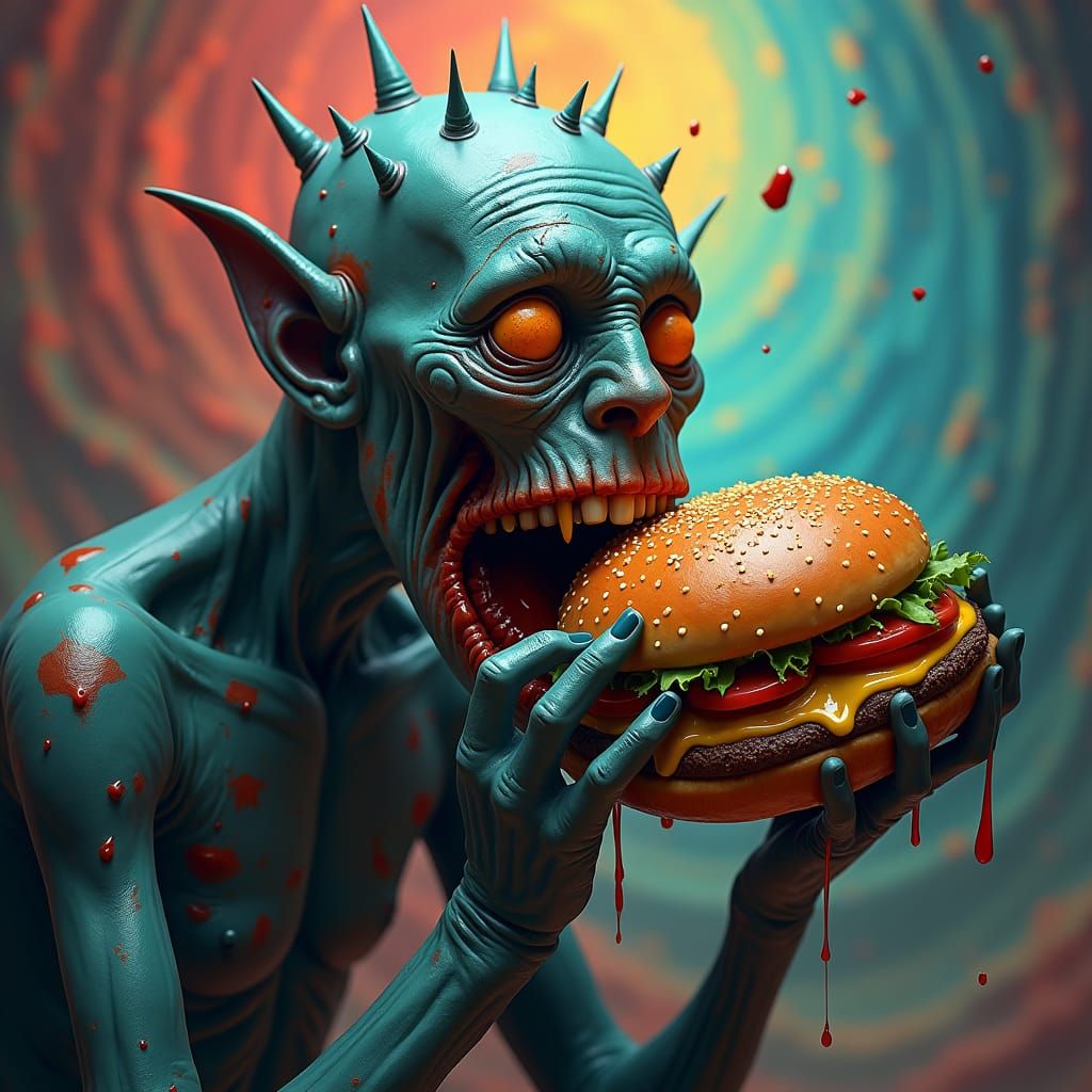 Surreal Anthropomorphic Figure Devouring Sentient Burger