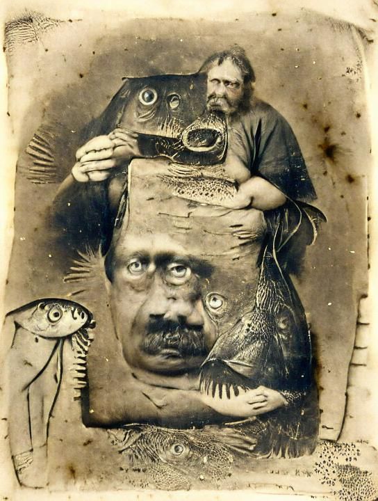 Ancient man with too many eyes cradling a large catfish, amb...