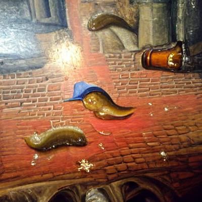 Super-realistic slugs that wear hats drinking beer in a medi...