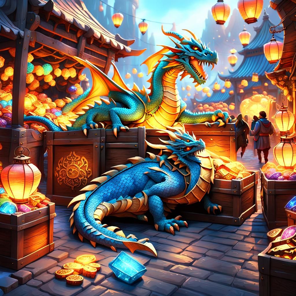 Clumsy Dragon's Market Mishap: A Fantasy Scene