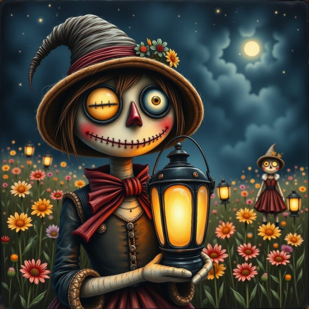 A very elegant stitchpunk female scarecrow holding a Victorian lantern. Facial uplighting.  Quirky but cute, twisted, vintage fairytale stor...