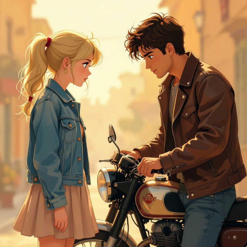 Teenage Girl and Motorbike Repair in Anime Style
