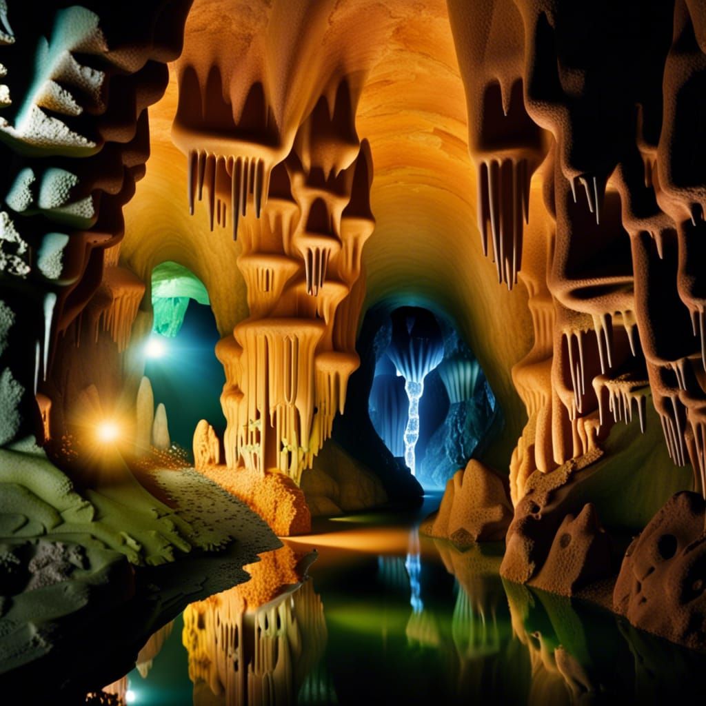 underground city, surrounded stalagmites, stalactites