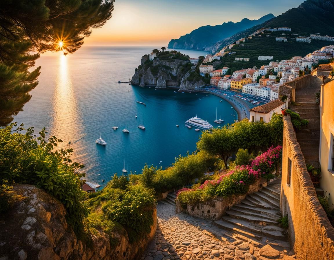 A sweeping view of a small cove on the Amalfi coast.  In the foreground, a party of two makes their way ...  by @Heart Bridge