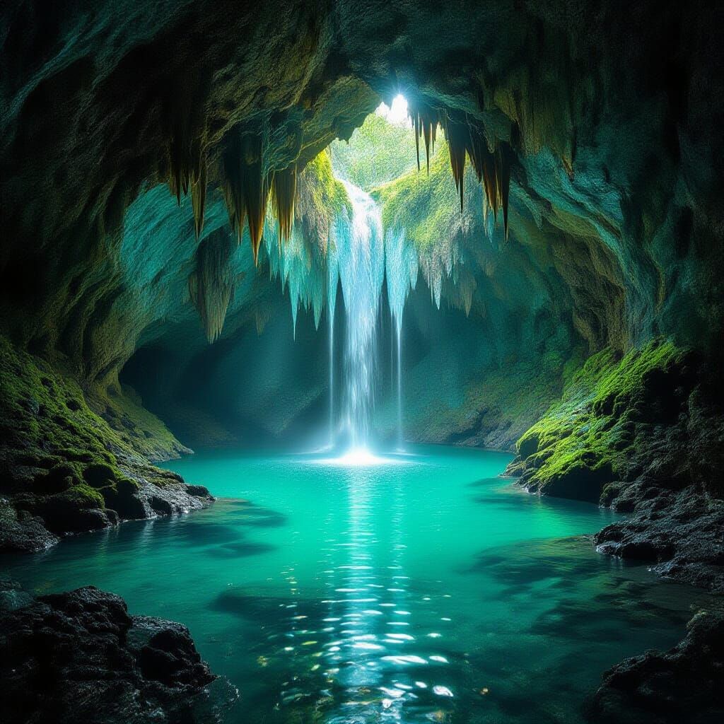 Crystal Cave Waterfall with Liquid Light and Turquoise Pool