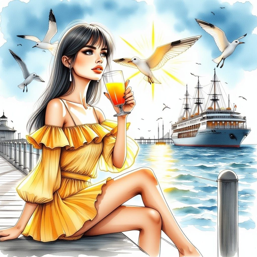 <lora:BeautifulPaintingFx:1.0>  A stunning woman sitting , drinking orange juice looking at sunlight, seagulls flying. yellow pastel short d...