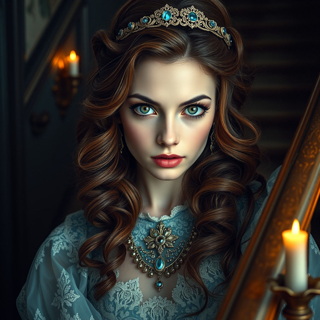portrait, breathtakingly gorgeous maiden, beautiful eyes, charming, Victorian stairs, elegant, fantastic audaciously detailed fantasy, epic...