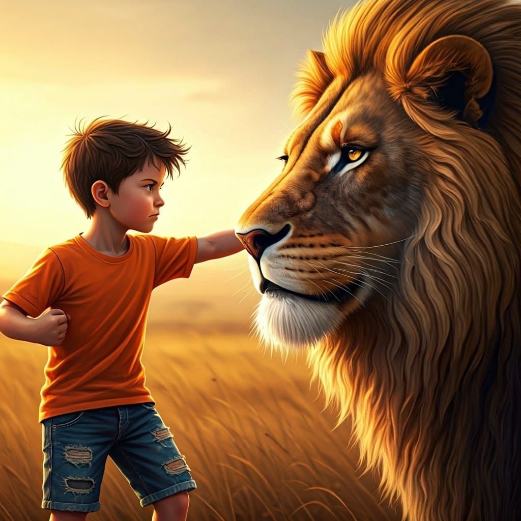Heroic Boy Fights Majestic Lion in Golden Savannah