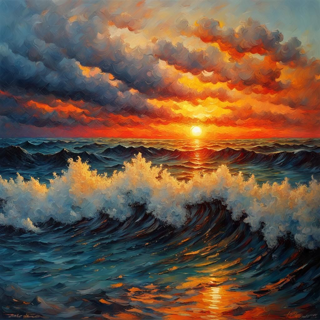 Sunset over the blue ocean with BIG waves oranges ,yellows,reds 8K ...