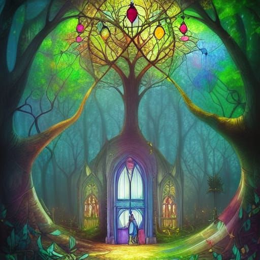 A whimsical fairy tree with stained glass windows and stained glass door in the forest beautiful fantasy ... undefined