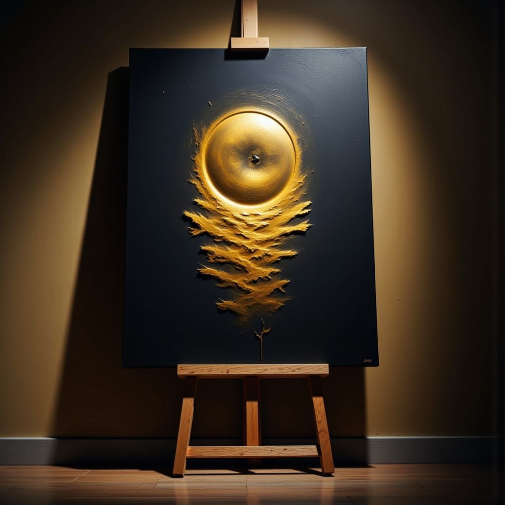 <lora:Abstract Me:1.0>  painting on an easel, a pitch black  and gold  pic of a painting on an easel which depicted a painting on an easel w...