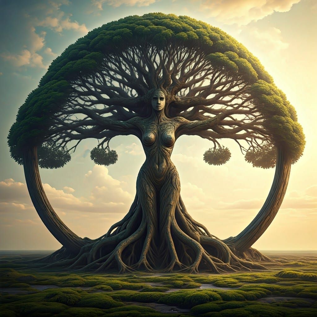 A lone Baobab-like Tree of Life in the shape of a circle with branches stretching to meet the roots, ...  by @Garilano