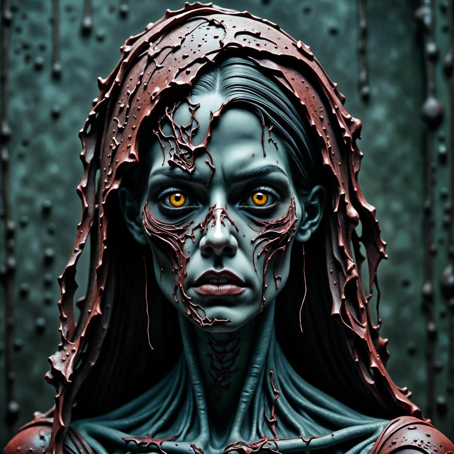 full portrait of A woman zombie Monster in reds and blue hues, incredible detail  Hyperrealistic 8k resolution A masterpiece Ethereal Death ...