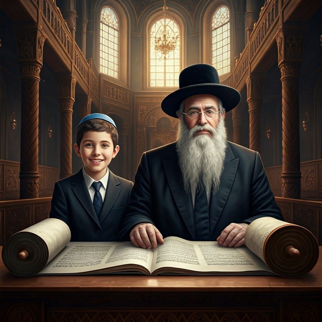 Father and Son Studying Torah in Synagogue