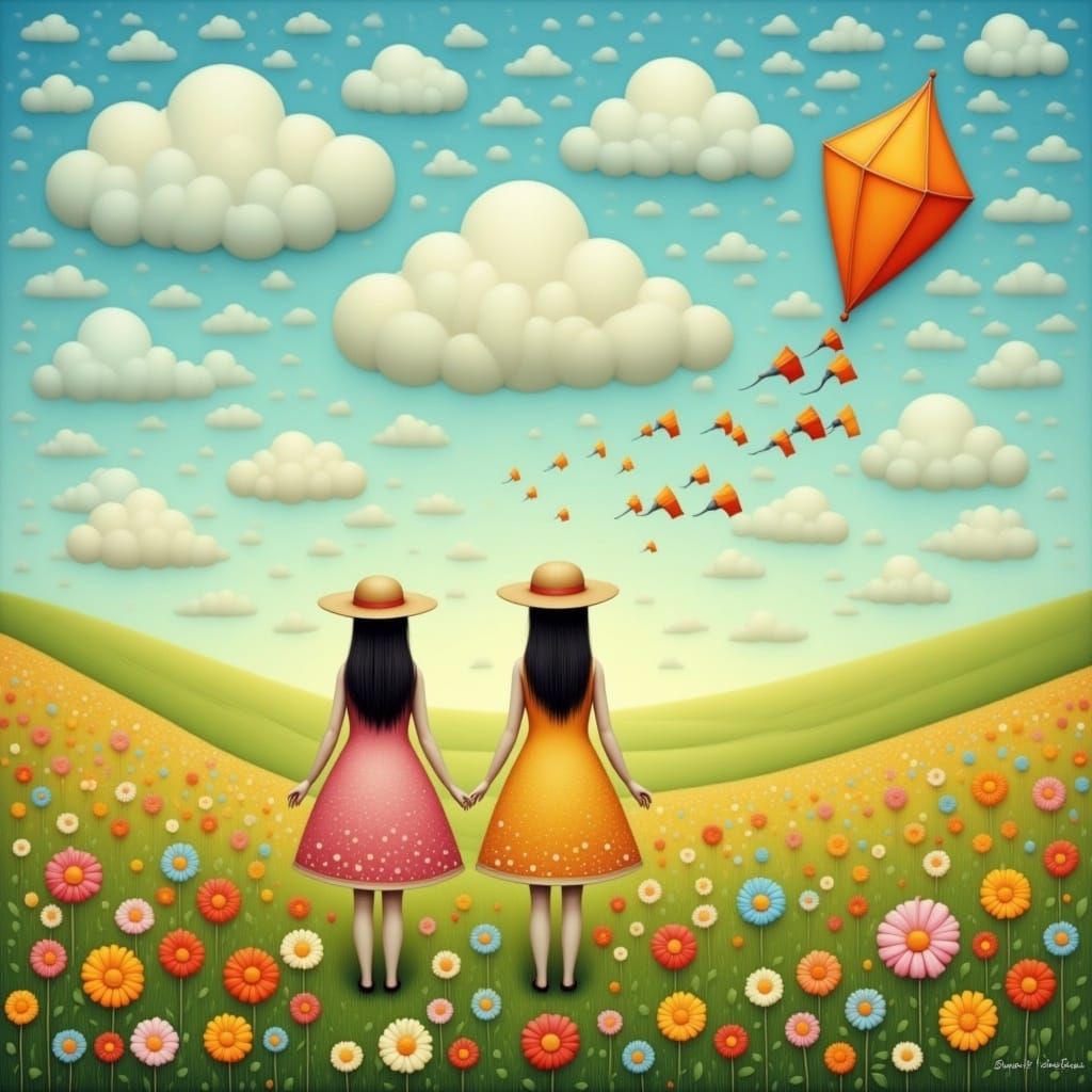 <lora:Flux Surreal ArtBrut:1.0> Breezy day Friend wearing sundresses walking in a meadow, fluffy clouds, kite in the sky 