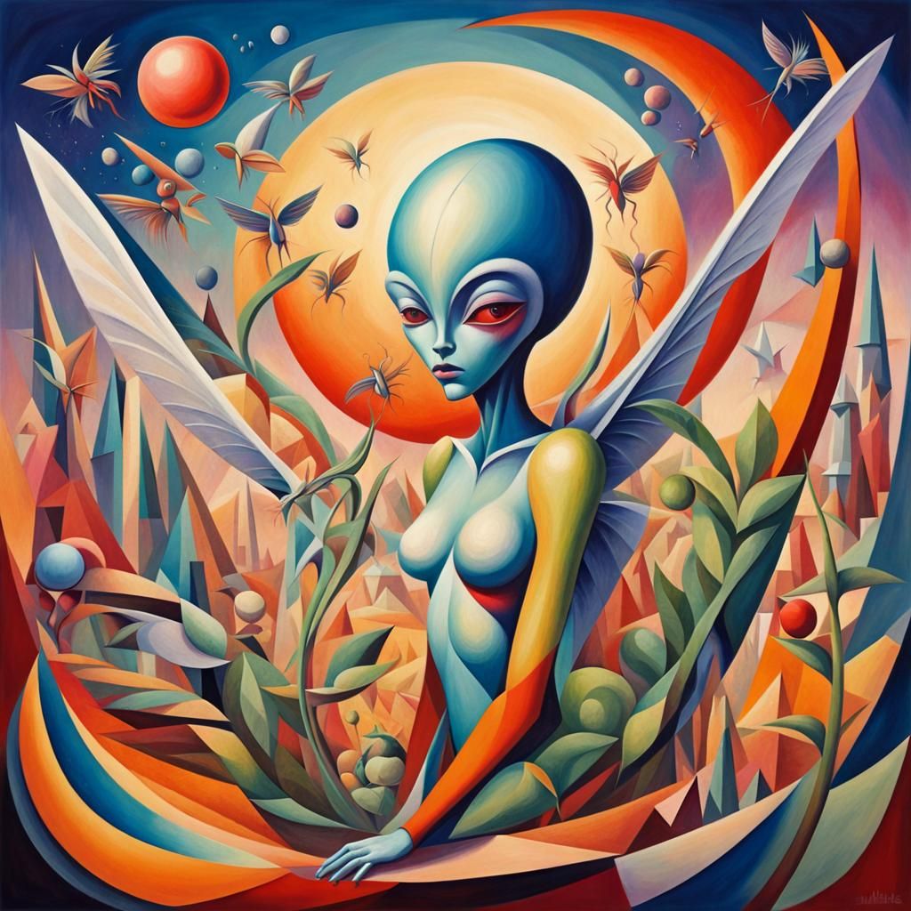 whimsical futuristic alien planet with color small alien cre...