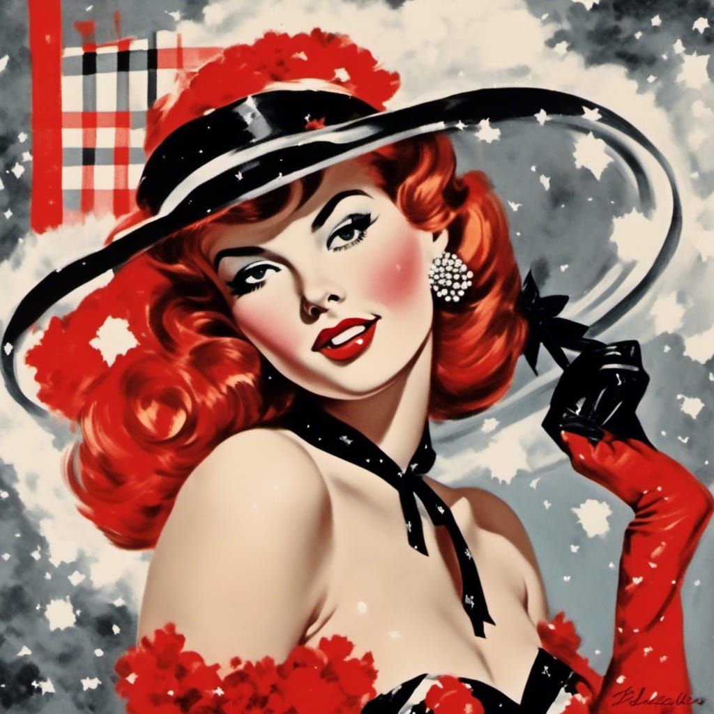 60's Pinup Girls  calendar ,  red black and white<lora:Magic...