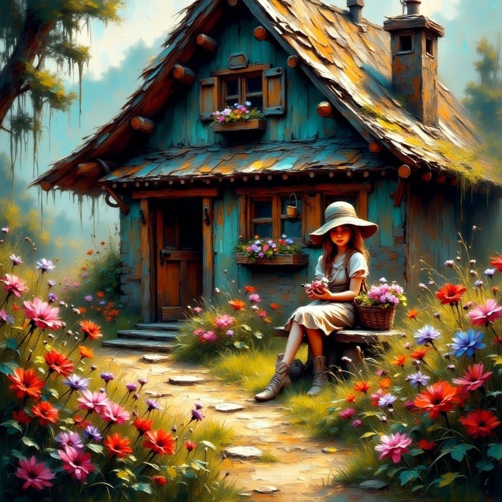 <lora:Impasto-Grunge:1.0> A little girl sitting in front of a rustic house surrounded by colorful flowers.  The girl is wearing a hat and ho...