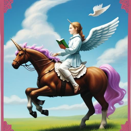 Angel riding on a unicorn reading a book