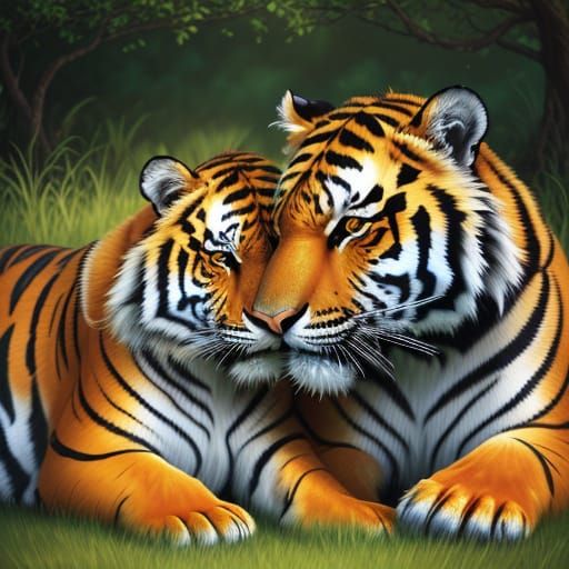 Tiger Hugs Cub in Golden Hour Oil Painting