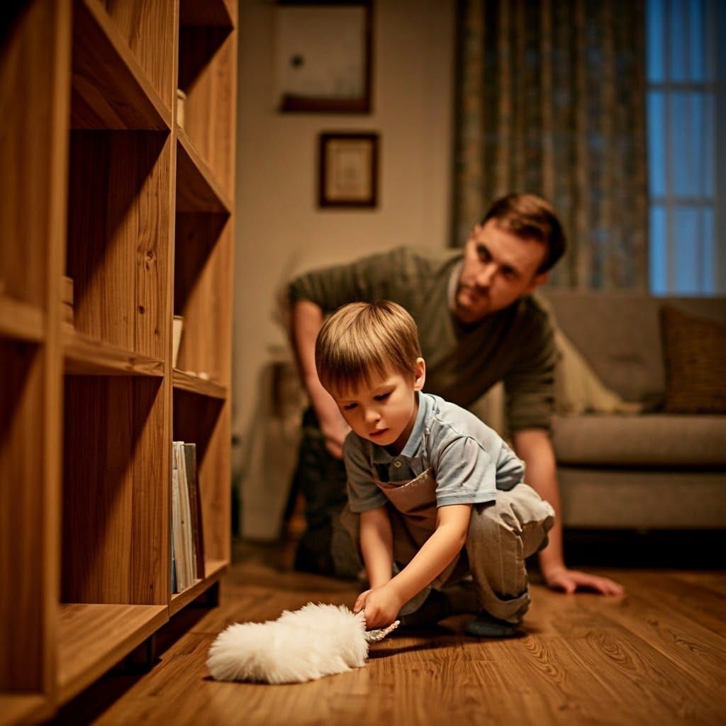Young Boy Cleans Under Bookshelf with Father's Guidance