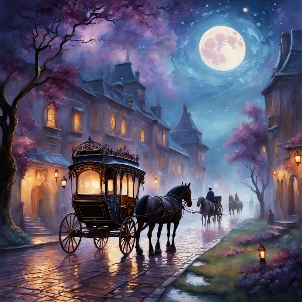 A highly detailed fantasy painting of a twilight landscape. A horse-drawn carriage travels along a cobblestone path under a full moon, its l...