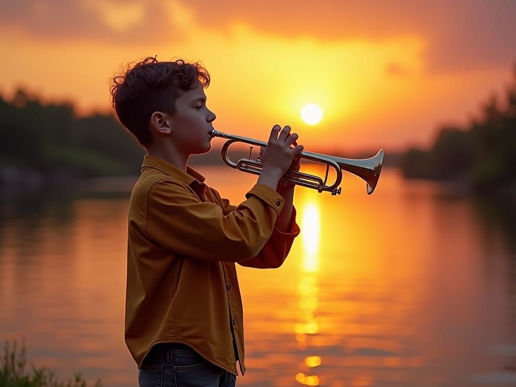 A boy stands on the river bank and plays the trumpet. Sunset. Bright colors
