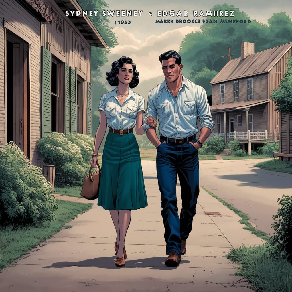 Sydney  Sweeney and edgar ramirez walking in the street farm...