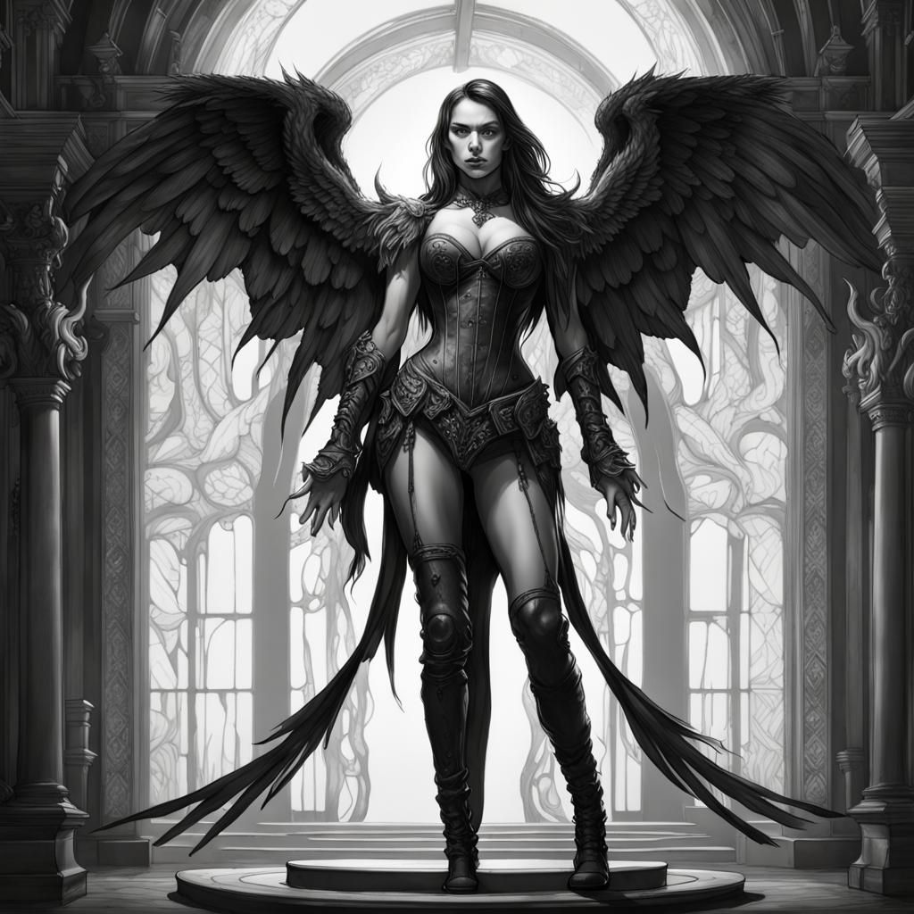 Dark, Portrait, arch demon, woman, corset, leathery wings, hedonism, good  looks, beauty, details, intricate. Black and white drawing in the... - AI  Generated Artwork - NightCafe Creator