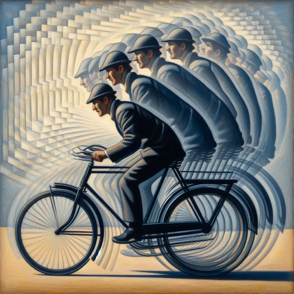 In the style of Giacomo Balla. Man on bicycle