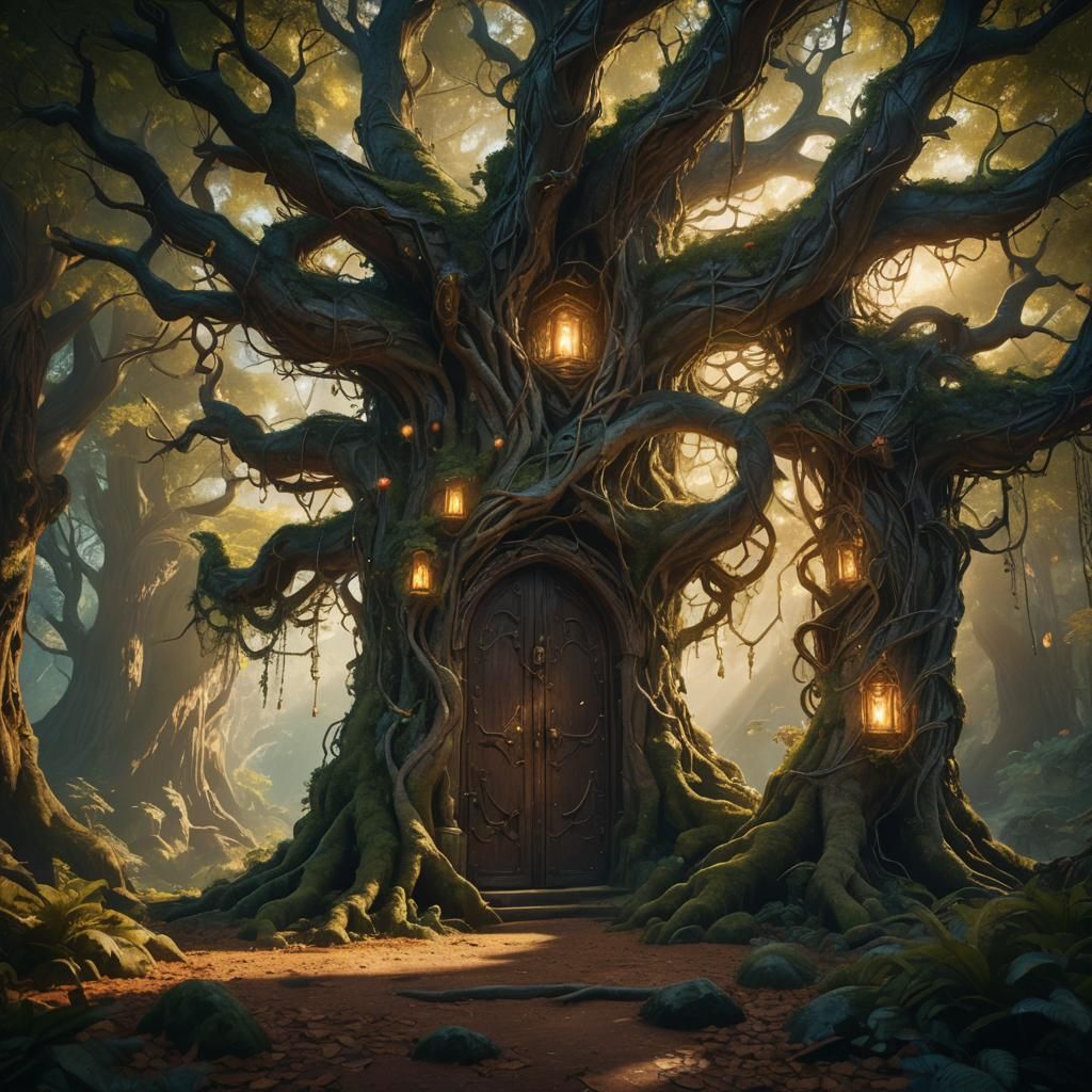 Mystical Tree with Crystal Door in Enchanted Forest