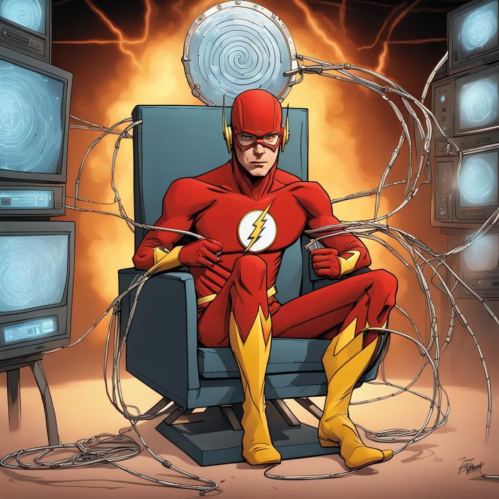 The Flash is chained to a chair in front of a brainwashing d...