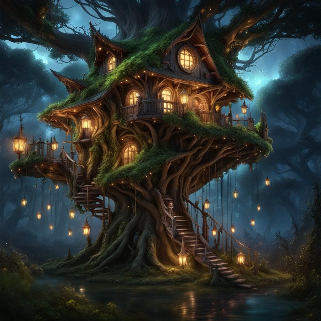 Fabulous elven treehouse - AI Generated Artwork - NightCafe Creator