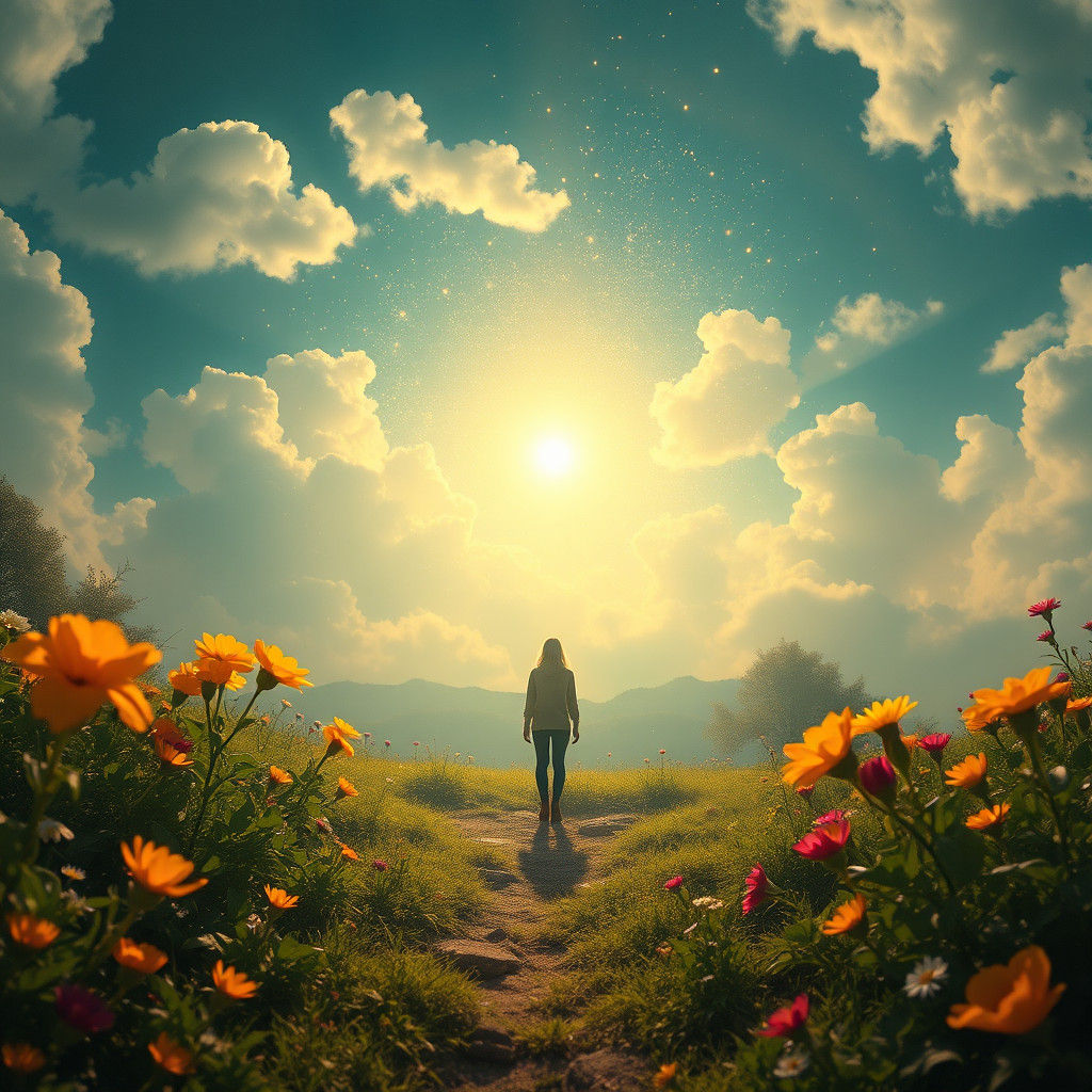 Mystical Figure Amidst Blooming Dreamscape