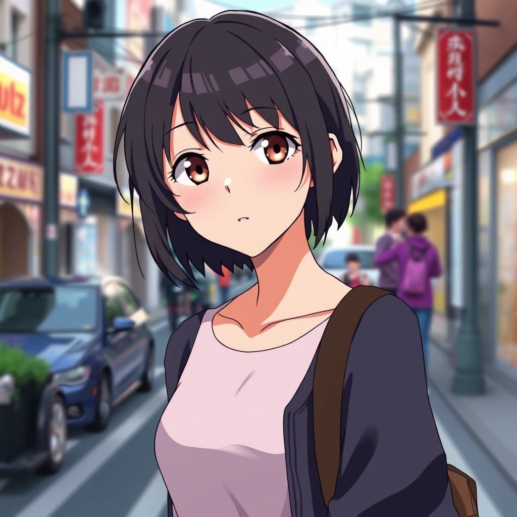 Anime Woman Feeling Dizzy in the Street