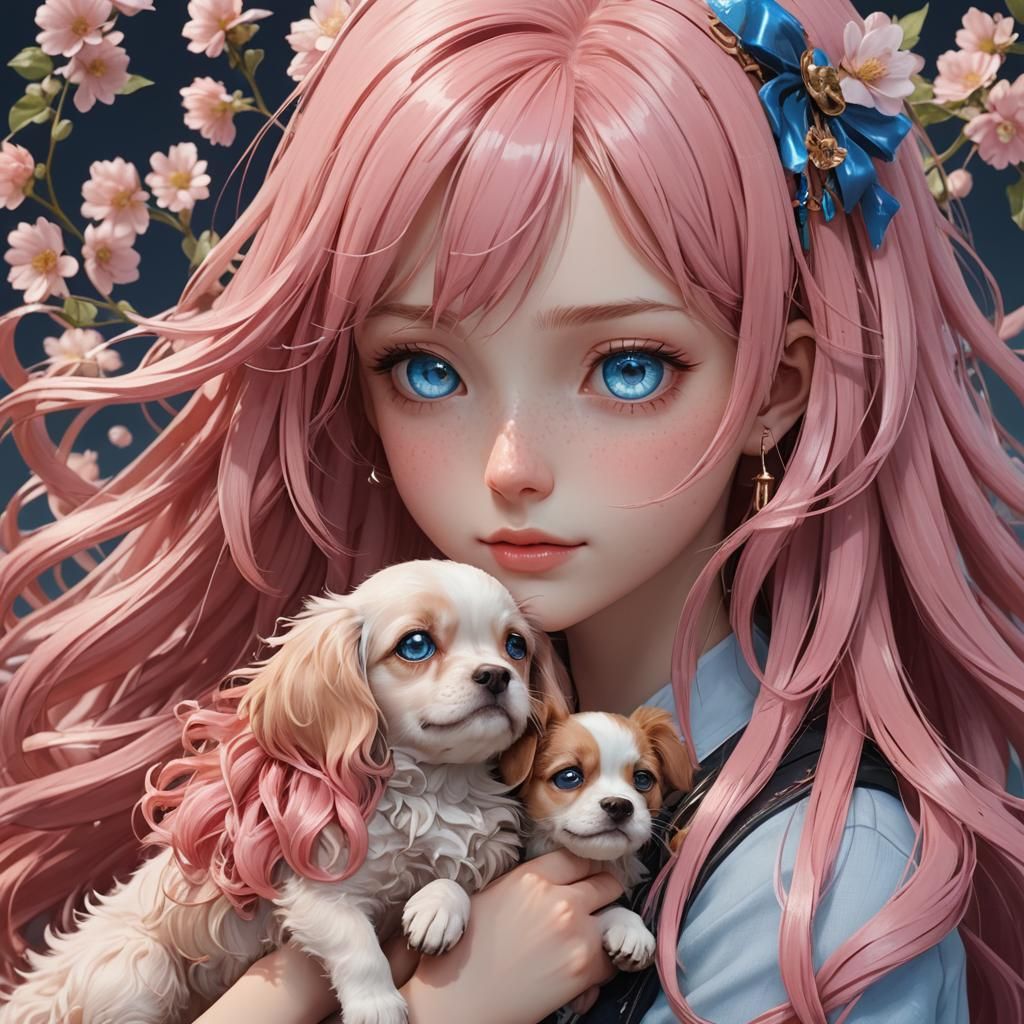 A Girl and Her Puppies