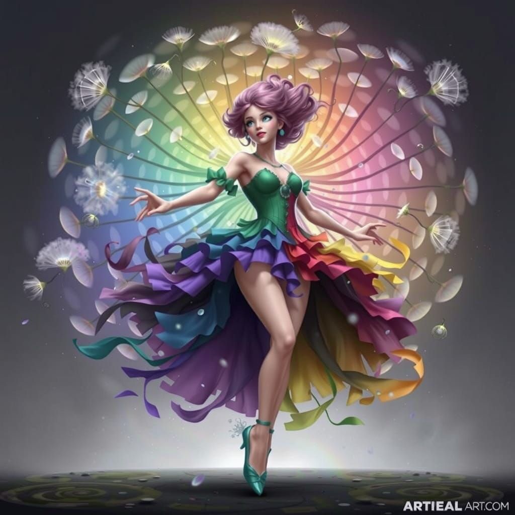 Create a rainbow-colored dandelion sculpture that forms a dancer. A digital matte painting depicting ...  by @Observer1