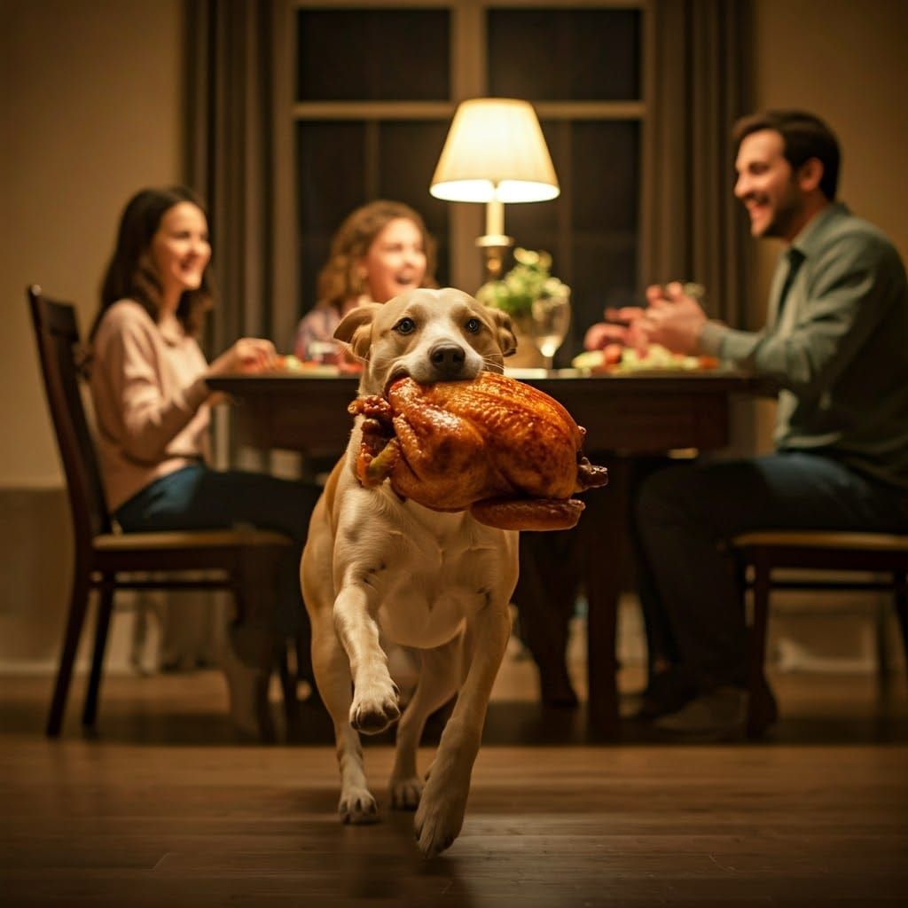 dog running away with a whole roast chicken in its mouth, family laughing at the table  by @PresidentStone