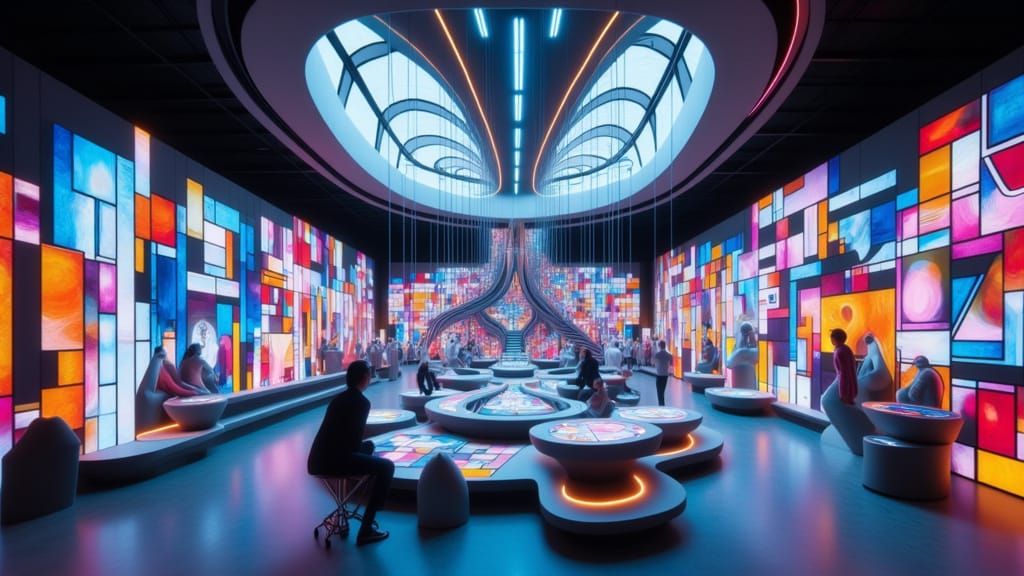 Zaha Hadid and Piet Mondrian in a futuristic studio filled with sleek lines and neon lights, surrounded by holographic displays and parametr...