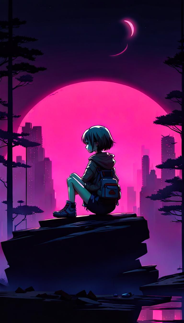 chibi girl, alone, watching the sun, sitting on a stone, big...
