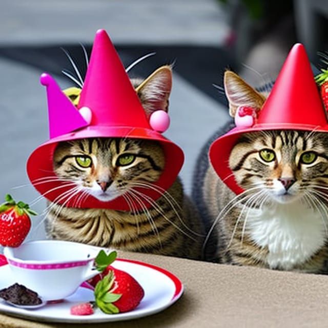 Cats having a tea party eating strawberries wearing strawberry hats in ...