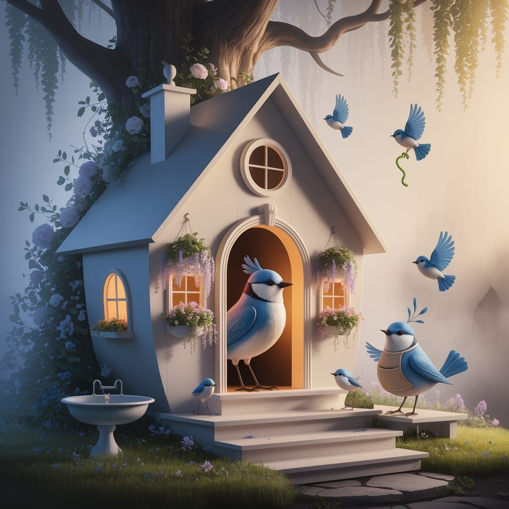 Enchanted Birdhouse Scene in Ethereal Fantasy Setting