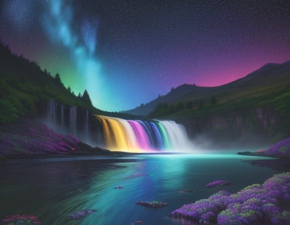 Rainbow Waterfall with Glowing Starlight