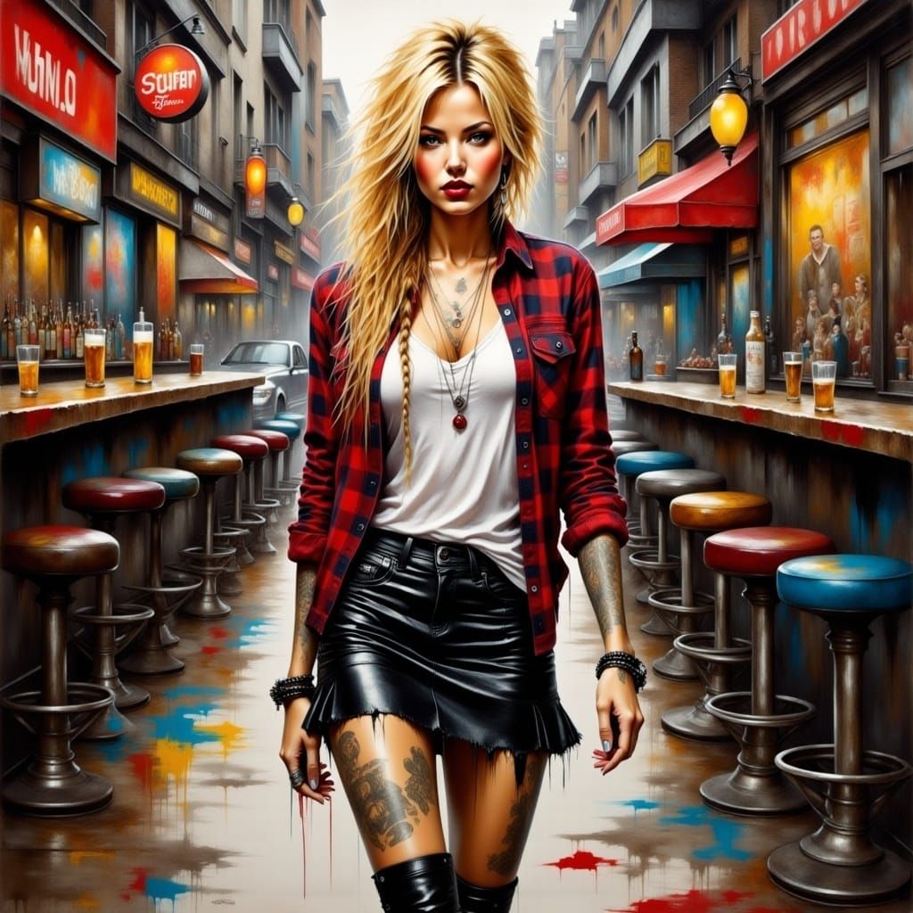 <lora:GrungeFlux:1.0> oil painting of a beautiful woman , plaid white shirt, black latex short skirt, straight, messy blond long hair. Dirty...