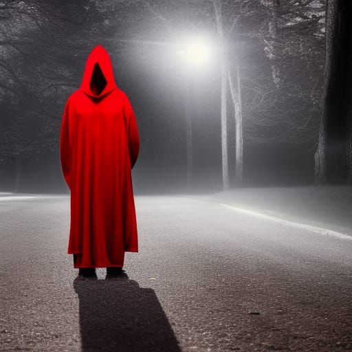 Mysterious Man in a bright red hooded Cloak in the dark, Unr...