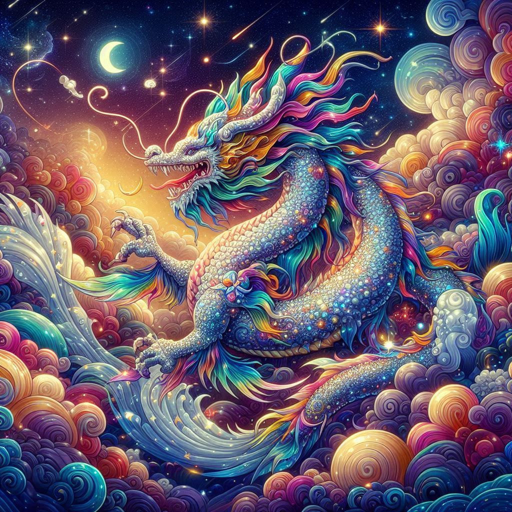 A majestic celestial opalescent gemstone dragon