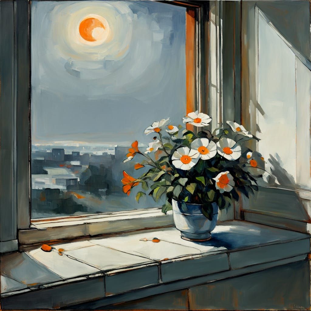 Ominous Post-Apocalyptic Scene in a Window Sill Oil Painting