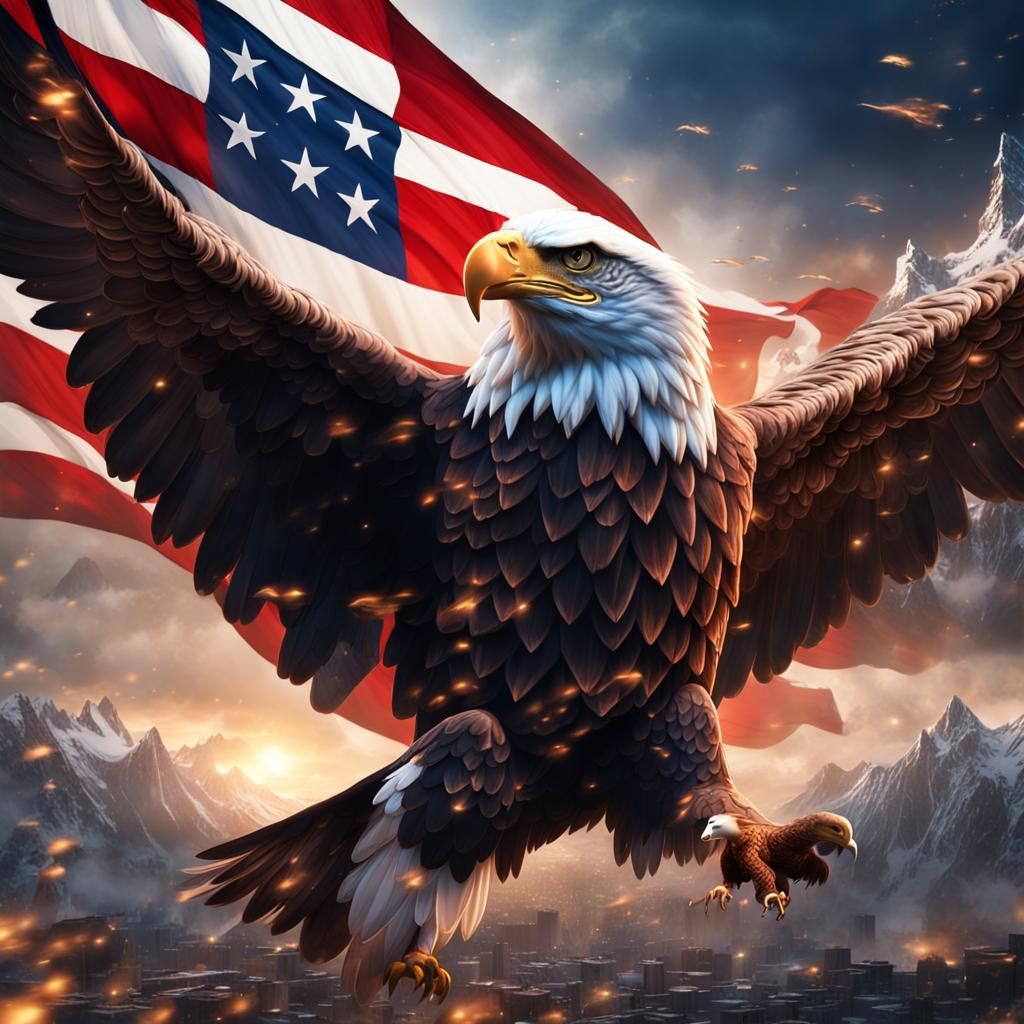 American Flag background, majestic flying eagle