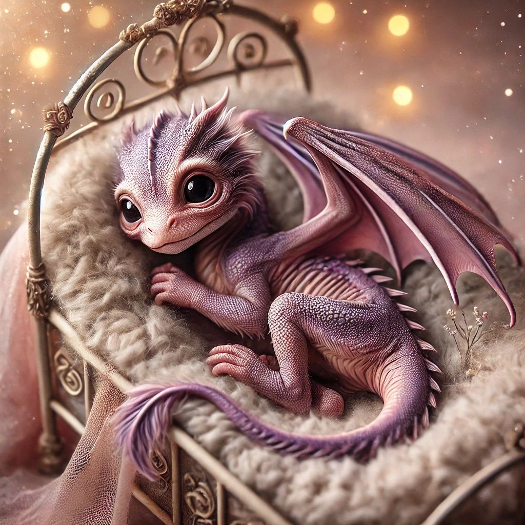 Newborn Purple Dragon In A Fluffy Baby's Bed | DALL-E 3 AI i...